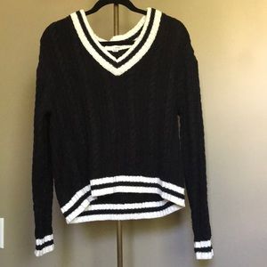 Black and White Knit V-neck Varsity Sweater